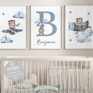 ORIGINAL Teddy Bear Nursery Print, Boys Bear Nursery Decor, New Baby Boy Gift, Balloon Nursery Wall Art, Bear Airplane Nursery Digital Print