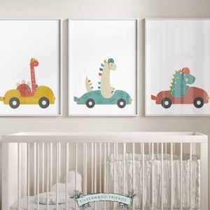Dinosaur Nursery Prints, Dinosaurs Driving Racing Cars Print, Dino Prints For Baby Boys Room, Dinosaur Toddler Room Decor,Kids Digital Print