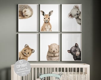Australian Animal Nursery Prints, Australian Nursery Decor, Aboriginal Nursery Wall Art Print, Peeking Aussie Native Animals Digital Print