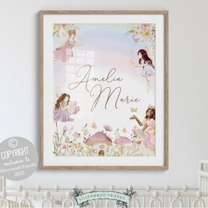 Lámina de hada con flores silvestres para guardería, decoración de hadas para guardería, arte de pared para guardería, lámina de regalo para niña, letrero con nombre para guardería, impresión digital