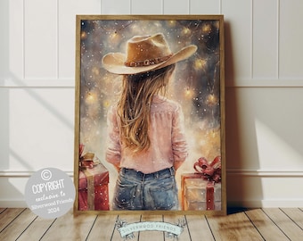 May include: A watercolor painting of a young person wearing a brown cowboy hat and a pink shirt, standing in front of two wrapped gifts. The background is a snowy scene with twinkling lights.