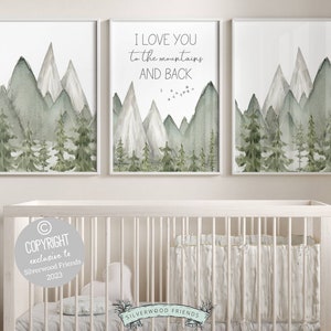 Set of 3 Mountain Print Set, Mountain Nursery Print, Woodland Forest Tree Nursery Decor, I Love You To The Mountains And Back Digital Print