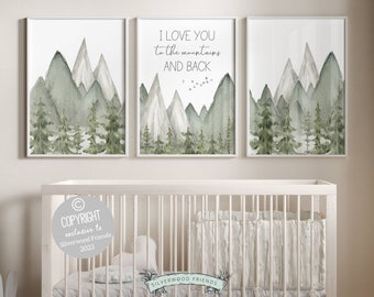 Set of 3 Mountain Print Set, Mountain Nursery Print, Woodland Forest Tree Nursery Decor, I Love You To The Mountains And Back Digital Print