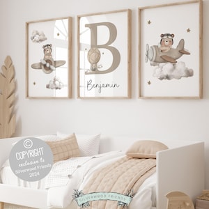 Teddy Bear Neutral Nursery Print, Boys Bear Beige Nursery Decor, Gender Neutral Balloon Nursery Wall Art,Bear Airplane Nursery Digital Print