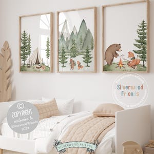 Camping Nursery Prints, Bear Nursery Decor, Bear Nursery Print, Green Mountain Nursery Decor, Kids Forest Hiking Nursery Decor Nursery Print