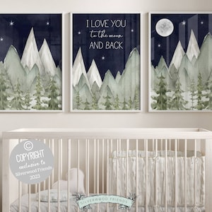 Mountain Nursery Print Set of 3, Moon Nursery Decor, Forest Tree Nursery, Woodland Night Sky Nursery Decor, I Love You To The Moon And Back