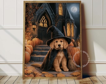 May include: A framed wall art print featuring a golden retriever puppy wearing a black witch hat and cape, sitting on stone steps in front of a dark gothic building at night. Orange pumpkins and fallen autumn leaves surround the puppy.