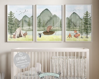 Camping Nursery Prints, Bear Fishing Nursery Decor, Bear Fishing Nursery Prints, Green Mountain Nursery Decor, Nature Nursery Digital Prints