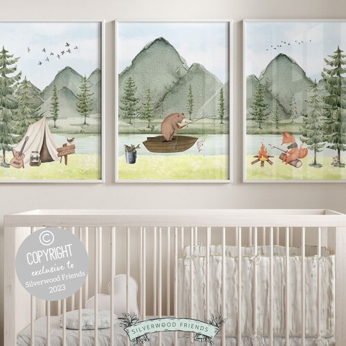 Camping Nursery Prints, Bear Fishing Nursery Decor, Bear Fishing Nursery Prints, Green Mountain Nursery Decor, Nature Nursery Digital Prints