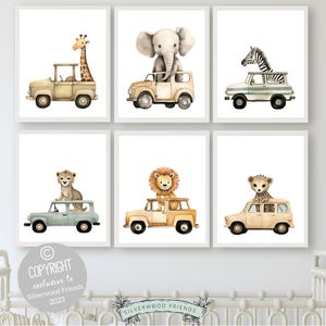 Safari Animal Car Nursery Prints, Jungle Car Nursery Decor, Kids Room Wall Decor, Boys Toddler Transport Safari Bedroom Decor Digital Prints