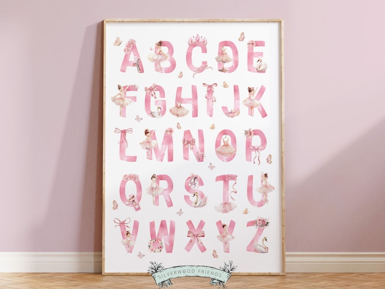 May include: Pink alphabet poster with ballerina illustrations for each letter. The letters are pink and the ballerinas are wearing pink tutus and white shoes. The poster has a white background and the text "SILVERWOOD FRIENDS" at the bottom.