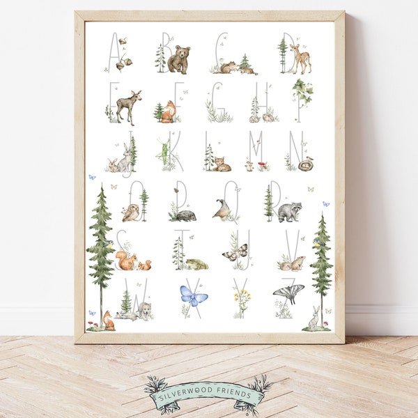 Woodland Alphabet Poster, Woodland Nursery Decor, Forest Animal abc Alphabet Printable Poster, Nature Nursery Print, Forest Nursery Wall Art