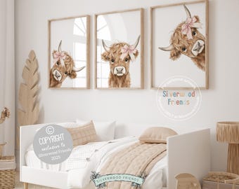 Peeking Highland Cow Nursery Print, Baby Girl Pink Highland Cow Nursery Decor Gift, Baby Highland Cow Wall Art, Watercolor Cow Digital Print