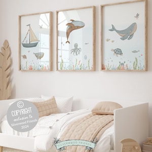 Juego de 3 láminas de ballenas para habitación infantil, decoración náutica oceánica para habitación infantil, arte mural de barco para habitación infantil, impresión digital para habitación infantil bajo el mar.