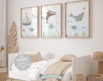3er Set Wal Wal Kinderzimmer Poster, Nautische Ozean Kinderzimmer Dekoration, Baby Junge Boot Kinderzimmer Wandkunst, Kinderzimmer unter dem Meer Kinderzimmer Digitaldruck