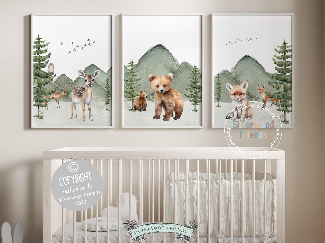 Baby Woodland Animal Nursery Print Set of 3, Green Forest Nursery Decor ...