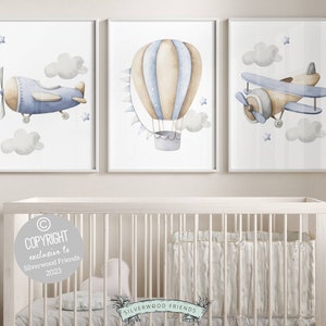 Airplane Adventure Theme Nursery Set of 3 Prints, Nursery Decor Boys, Transport Theme Watercolor Hot Air Balloon Nursery, Transport Nursery