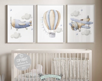 Airplane Adventure Theme Nursery Set of 3 Prints, Nursery Decor Boys, Transport Theme Watercolor Hot Air Balloon Nursery, Transport Nursery