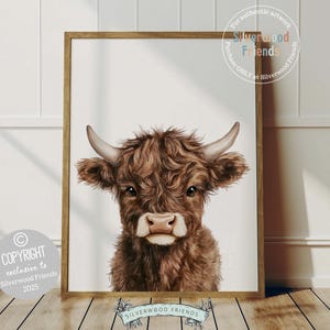Peeking Highland Cow Nursery Print, Baby Highland Cow Nursery Decor Gift, Gender Neutral Baby Farm Animal Bedroom Wall Decor Digital Print