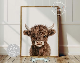 Peeking Highland Cow Nursery Print, Baby Highland Cow Nursery Decor Gift, Gender Neutral Baby Farm Animal Bedroom Wall Decor Digital Print
