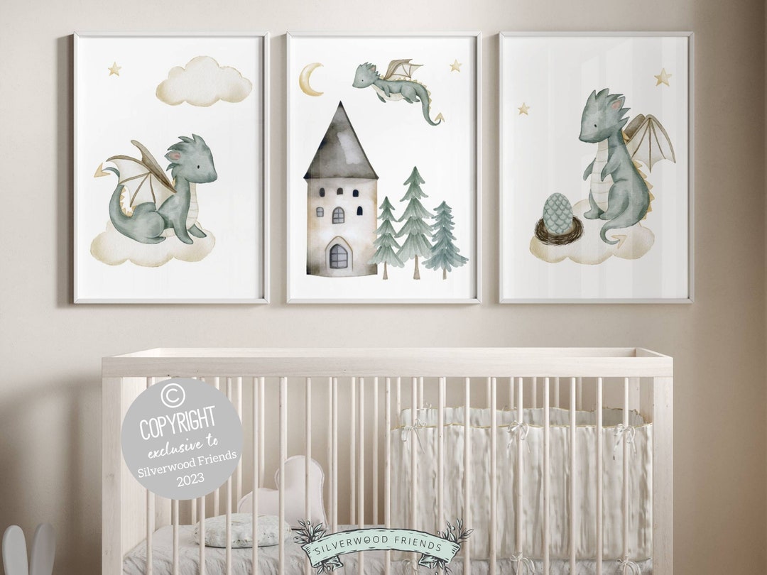 Set of 3 Baby Dragon Nursery Prints, Dragon Nursery Decor, Fairytale ...