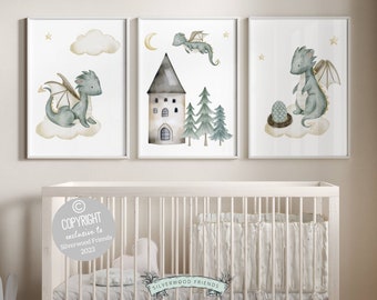 Set of 3 Baby Dragon Nursery Prints, Dragon Nursery Decor, Fairytale Nursery, Mythical Creatures, Castle and Dragon Nursery, Fantasy Nursery