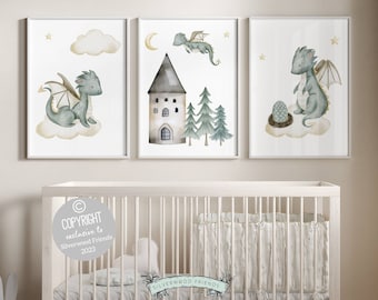 Set of 3 Baby Dragon Nursery Prints, Dragon Nursery Decor, Fairytale Nursery, Mythical Creatures, Castle and Dragon Nursery, Fantasy Nursery