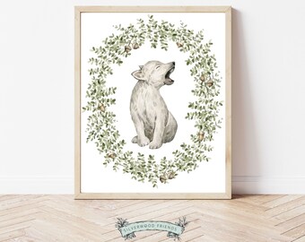 Baby wolf kwekerij print, bosrijke kwekerij decor, wolf kwekerij decor, bloemenkwekerij, baby bosdier, bosrijke wezens, wolf kunst aan de muur