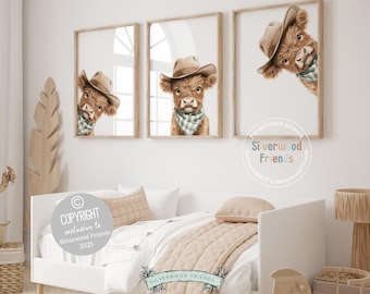 Peeking Baby Highland Cow Nursery Prints, Sage Green Highland Cow Nursery Decor, Cowboy Western Neutral Nursery Wall Art Digital Print Gift