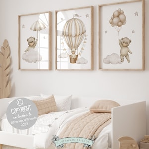 ORIGINAL Beige Hot Air Balloon Nursery Print Gift For Newborn Teddy Bear Nursery Decor, Neutral Bear Nursery Wall Art Digital Download Print