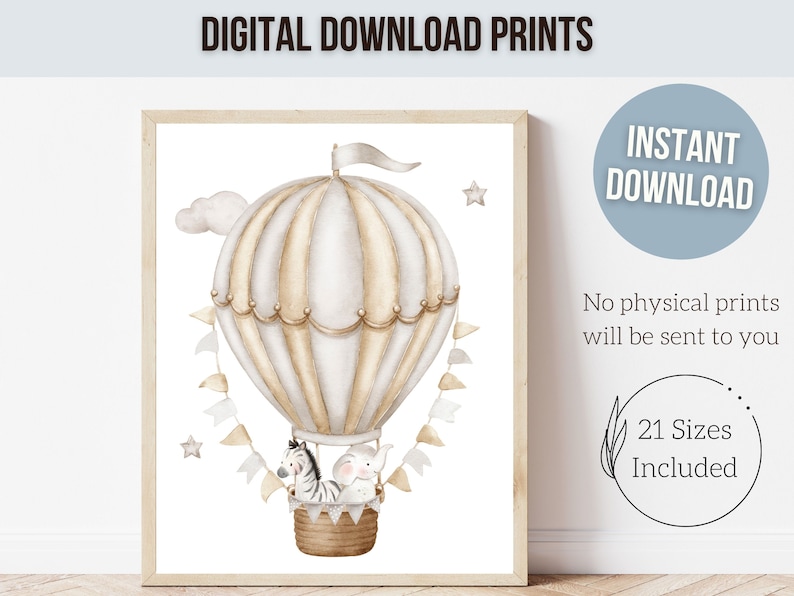 Hot Air Balloon Nursery Prints, Safari Animal Nursery Decor, Neutral ...
