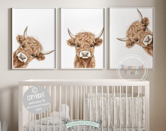 Peeking Highland Cow Nursery Print, Highland Cow Nursery Decor, Highland Cow Wall Art, Farm Bedroom Wall Decor, Watercolor Cow Digital Print