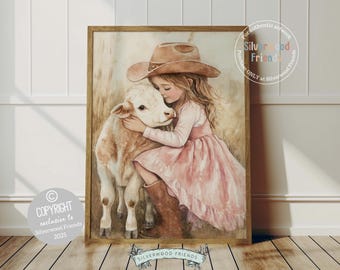 May include: A watercolor painting of a young girl wearing a brown cowboy hat and a pink dress, hugging a brown and white calf. The painting has a rustic background.