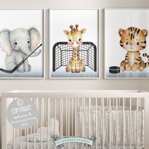Ice Hockey Nursery Print, Hockey Nursery Decor, Baby Boy Room Hockey Decor, Hockey Playing Animals Nursery Printable, Hockey Puck Goal Stick