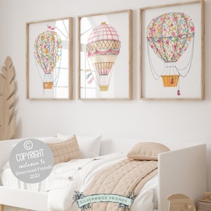 Pink Hot Air Balloon Nursery Prints, Nursery Wall Art, Girl's Nursery Decor, Trendy Dorm Room Wall Decor, Baby Girl Nursery Digital Prints