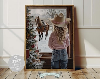 May include: A framed print of a young girl wearing a pink and brown cowboy hat, looking out a window at a brown horse standing in a snowy scene. The window is decorated with a Christmas tree.