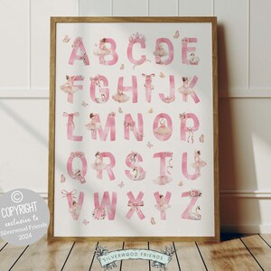 Ballet Alphabet Print, showcasing watercolor ballerinas and ballet elements for an engaging educational experience. Perfect for your ballet nursery decor or as a unique baby shower gift, it complements our best selling ballet nursery prints.