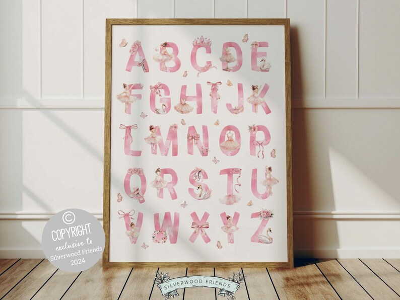 Ballet Alphabet Print, showcasing watercolor ballerinas and ballet elements for an engaging educational experience. Perfect for your ballet nursery decor or as a unique baby shower gift, it complements our best selling ballet nursery prints.