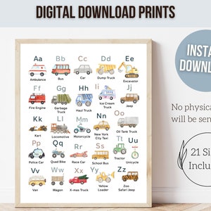 Transport Alphabet Print, Construction Vehicles ABC Print, Boys Nursery Decor, abc Playroom Poster,Homeschool Learning Letters Digital Print image 3