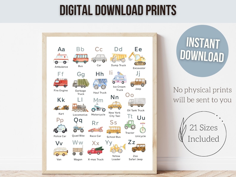 Transport Alphabet Print, Construction Vehicles ABC Print, Boys Nursery Decor, abc Playroom Poster,Homeschool Learning Letters Digital Print image 3
