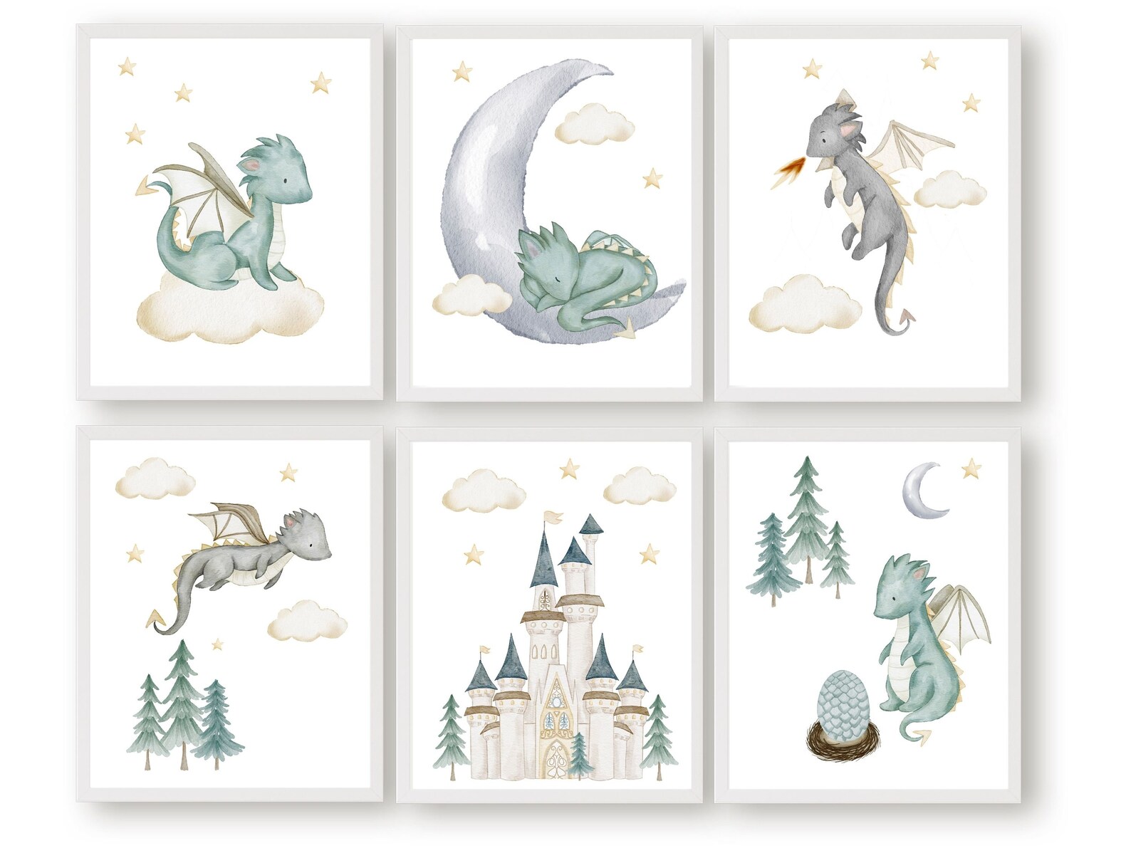 Set of 6 Baby Dragon Nursery Prints, Dragon Nursery Decor, Dragon ...