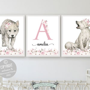 Baby Wolf Woodland Nursery Print Set of 3, Wolf Nursery Print, Baby Wolf Name Print, Wolf Nursery Decor, Baby Girl Nursery Prints, Baby Gift