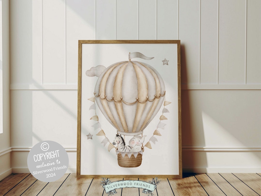 Hot Air Balloon Nursery Print, Safari Animal Nursery Decor, Neutral ...