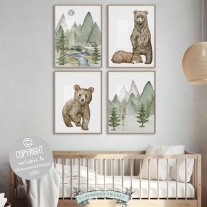 Baby Bear Nursery Print, Mountain Bear Nursery Decor, Forest Bear Nursery Wall Art, Green Woodland Nursery Decor, Newborn Gift Digital Print