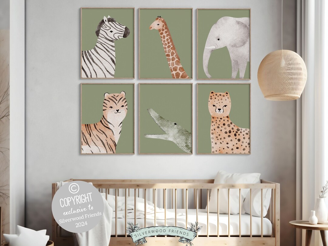 Boho Safari Animal Nursery Prints, Green Jungle Nursery Decor, Kids