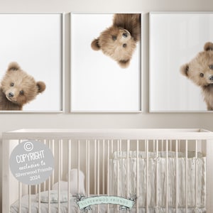 Set of 3 Peeking Bear Nursery Prints is part of our ORIGINAL and BEST SELLING Peeking Bear Nursery Print Collection and features adorable peeking brown bears. Perfect for your bear nursery decor or woodland nursery and makes a unique baby shower gift