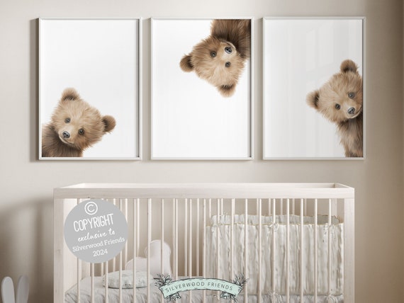 Peeking Bear Nursery Print, Teddy Bear Nursery Decor, Neutral Brown Nursery Decor, Baby Bear Nursery Wall Art Woodland Nursery Digital Print