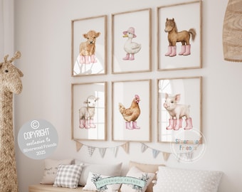 Pink Baby Farm Animal Nursery Prints, Pink Highland Cow Western Farmyard Nursery Decor, Baby Girl Pink Farm Nursery Wall Art Digital Print