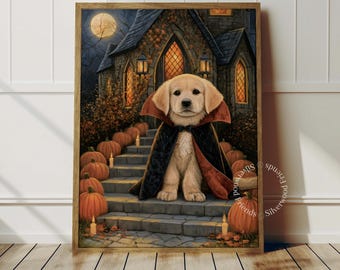 Puede incluir: Un cachorro de golden retriever con una capa de vampiro negra y roja sentado en escalones de piedra frente a una casa oscura. La escena incluye calabazas naranjas, velas encendidas y una luna llena. El texto Silverwood Friends es visible.