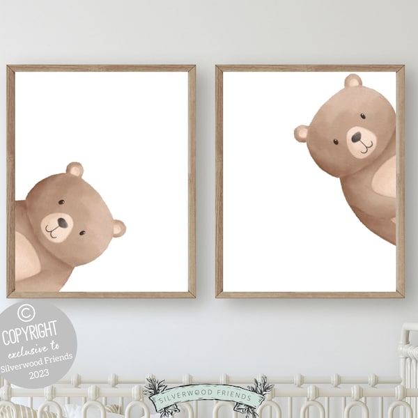 Peeking Bear Nursery Print Set,Peekaboo Bear Nursery Decor,Unisex Neutral Nursery Wall Decor,Baby Bear Nursery Art,Woodland Nursery Decor